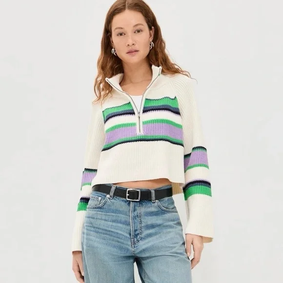 Free People Greta Stripe Half-Zip Mock Neck Sweater Size Large NWT - Picture 3 of 15
